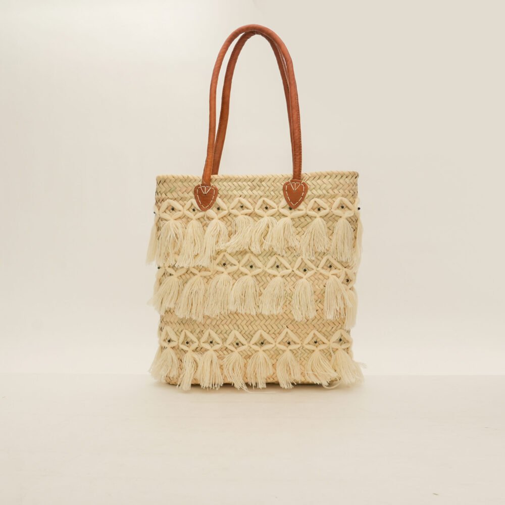 Panier en Feuilles de Palmier avec Franges en Laine et Anses en Cuir