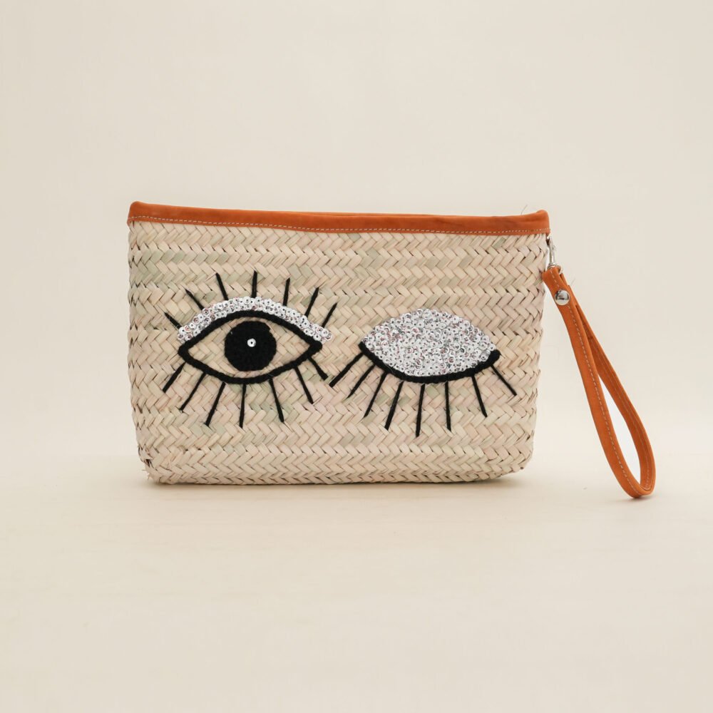 Pochette en Osier Brodée – Motif Clin d’Œil